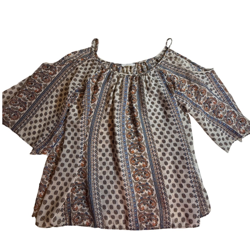 Soprano Womens Paisley Cold Shoulder Blouse Blue Rust Medallion Print Top Small